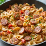 Creamy Cajun sausage pasta in a one pot preparation for a quick meal.