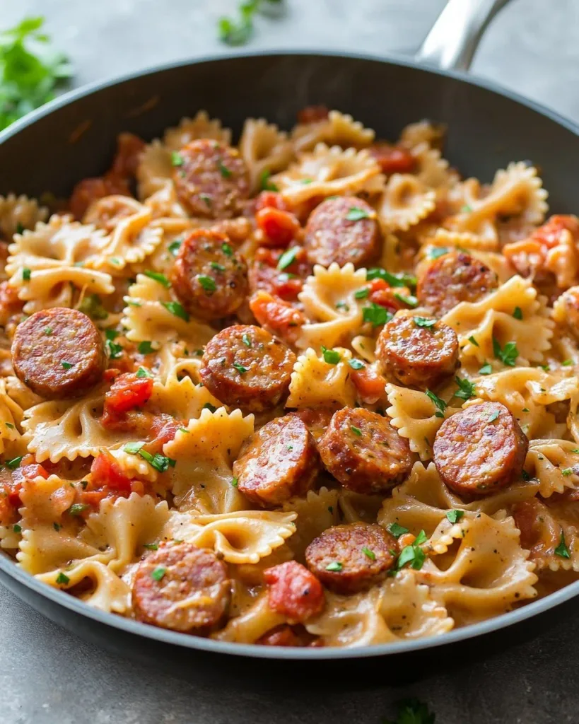 Creamy Cajun sausage pasta in a one pot preparation for a quick meal.
