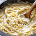 One pot creamy garlic pasta topped with parsley in a white bowl
