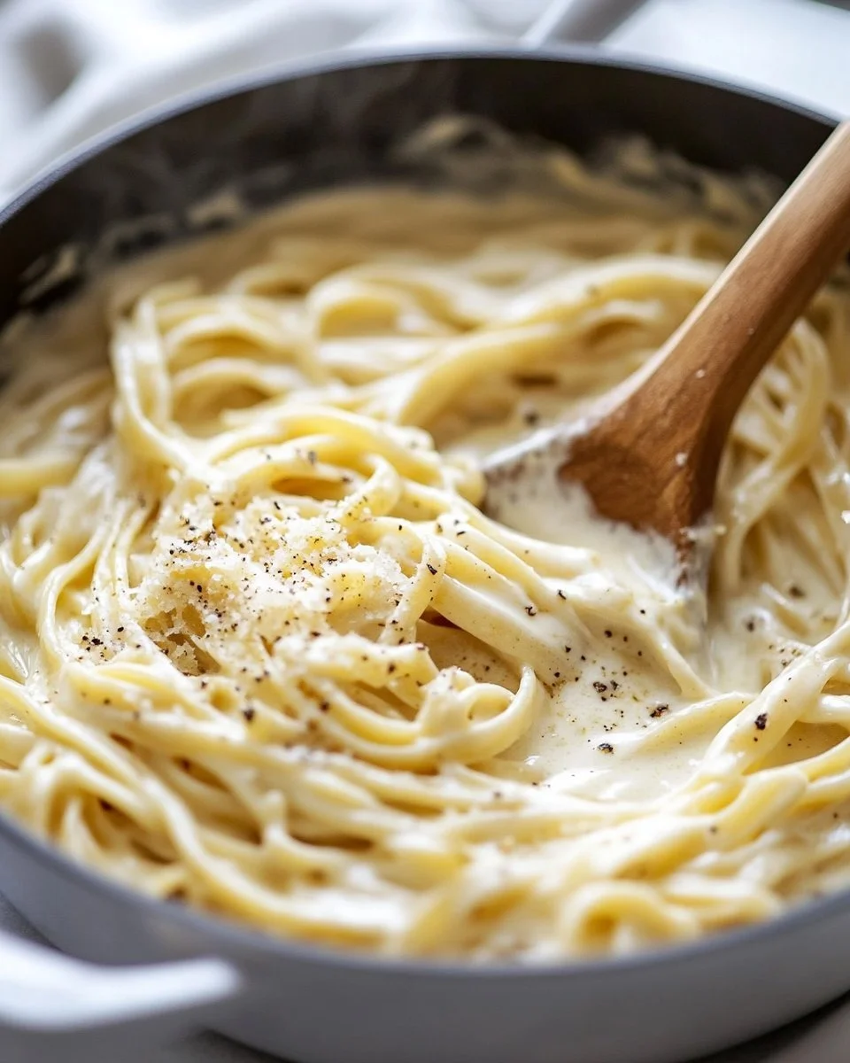 One pot creamy garlic pasta topped with parsley in a white bowl