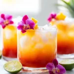 Pineapple Mango Rum Punch in a glass with tropical fruits
