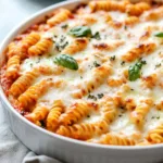 Pizza Style Cottage Cheese Bake topped with fresh ingredients and melted cheese.