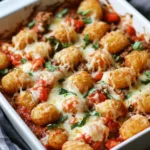 Delicious Pizza Tot Casserole topped with cheese and pepperoni
