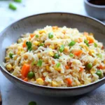 Bowl of quick and easy homemade fried rice with vegetables and eggs