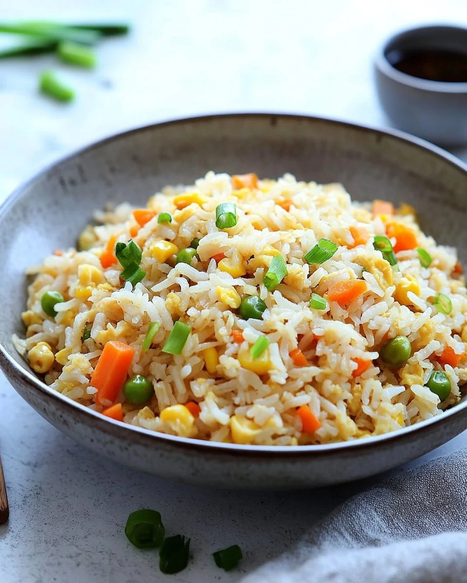 Bowl of quick and easy homemade fried rice with vegetables and eggs