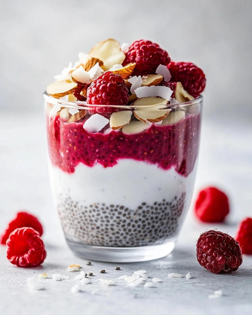 Creamy Raspberry Chia Pudding topped with fresh raspberries and drizzled with maple syrup