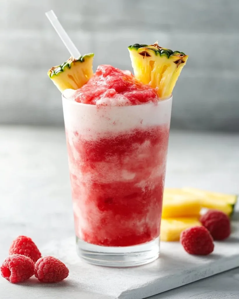 Raspberry Colada Twist A refreshing Raspberry Colada Twist cocktail garnished with fresh berries.