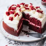 Delicious Red Velvet Cake decorated with cream cheese frosting and red velvet layers.