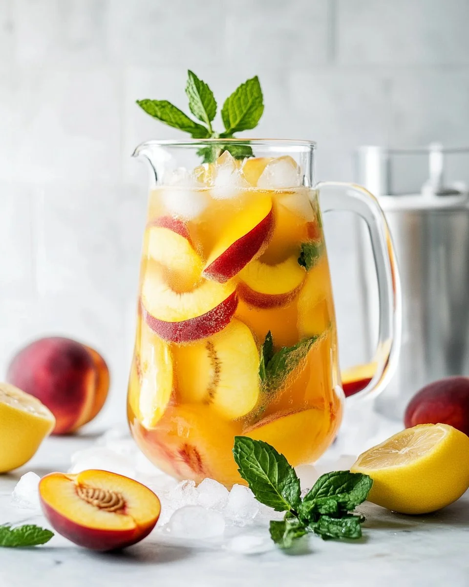 Refreshing peach lemonade in a glass with fresh peaches and lemons