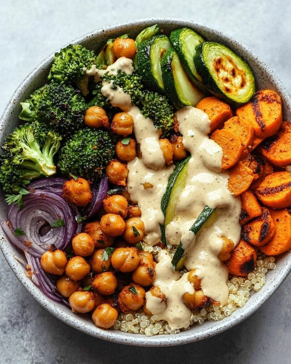 Roasted Veggie Chickpea Bowls with Maple Dijon Tahini Dressing