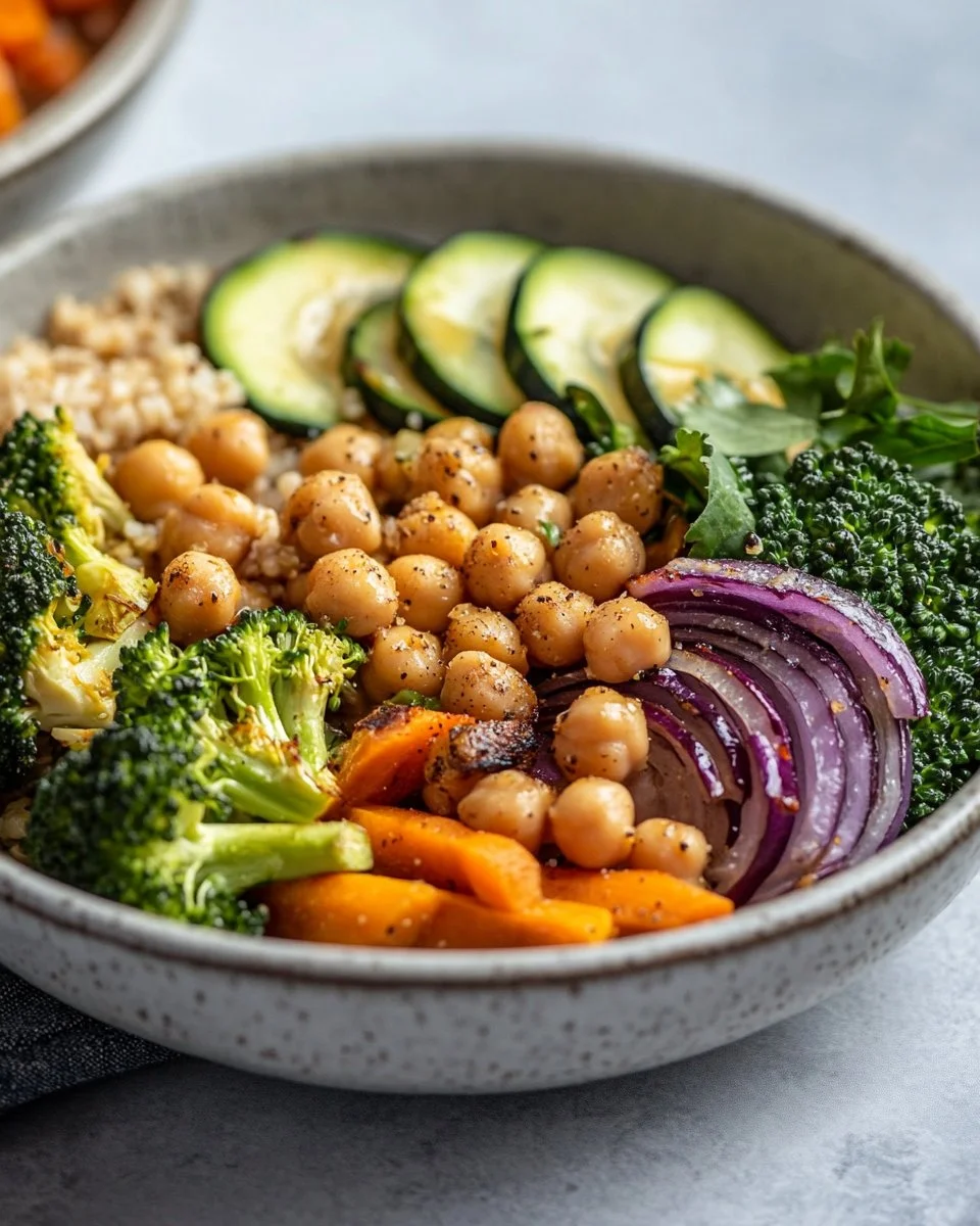 Roasted Veggie Chickpea Bowls with Maple Dijon Tahini Dressing