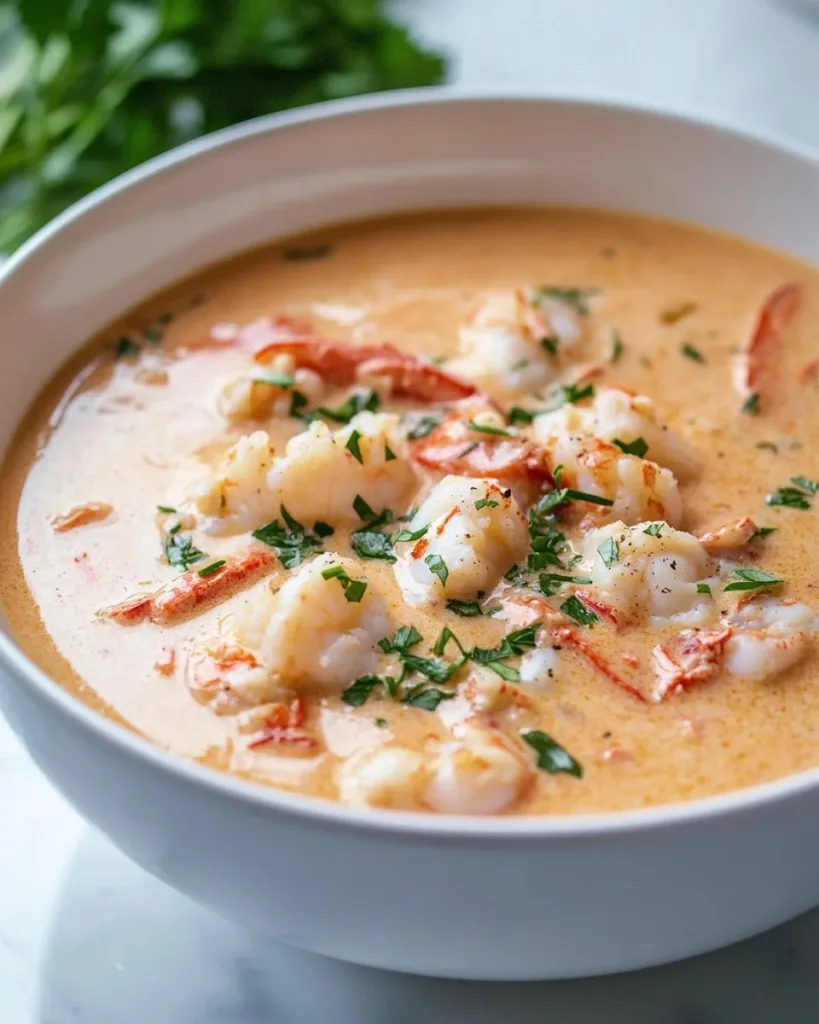Delicious seafood bisque with crab in a bowl, garnished with herbs.