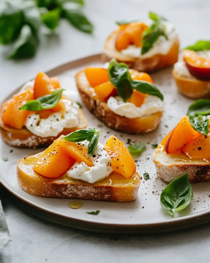 Simple peach bruschetta topped with whipped ricotta on a wooden serving board