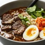 Delicious slow cooker beef ramen noodles garnished with green onions and sesame seeds.