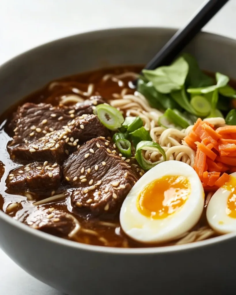 Delicious slow cooker beef ramen noodles garnished with green onions and sesame seeds.
