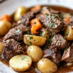 Slow Cooker Garlic Butter Beef served with potatoes in a rustic bowl