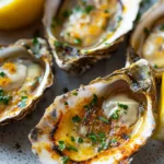 Smoky lemon garlic grilled oysters on a grill, showcasing delicious seafood cooking.
