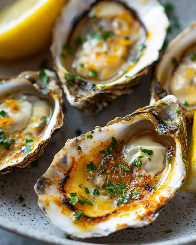Smoky Lemon Garlic Grilled Oysters Smoky lemon garlic grilled oysters on a grill, showcasing delicious seafood cooking.