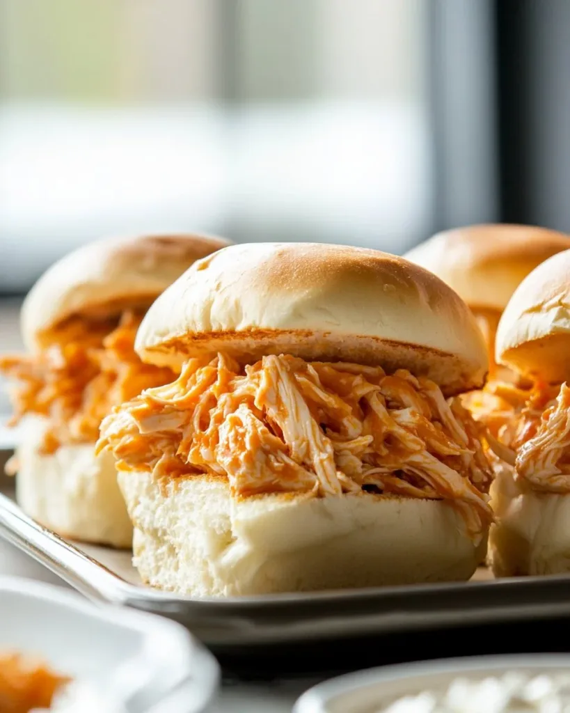Spicy Buffalo Chicken Sliders Spicy buffalo chicken sliders served with ranch dressing and garnished with celery.