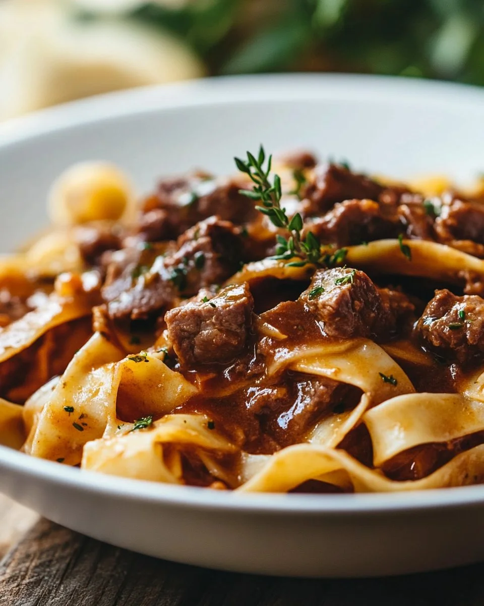 Stewed noodles served with tender beef strips in a savory broth.