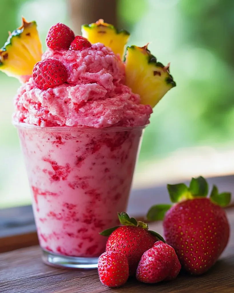 Strawberry Dole Whip A delicious strawberry Dole Whip served in a bowl, perfect for summer indulgence.