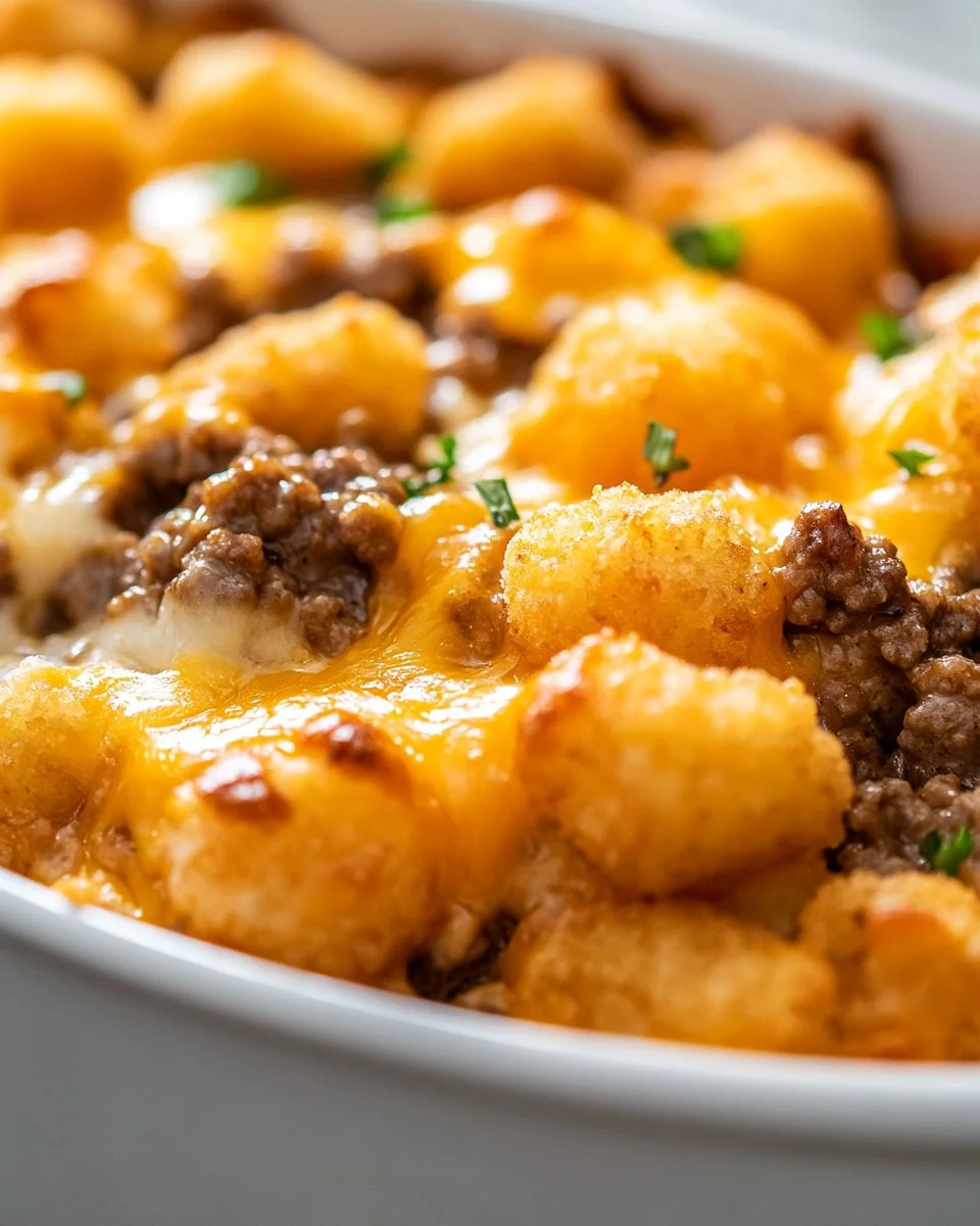 Delicious Tater Tot Casserole with Ground Beef topped with crispy tater tots.