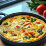 Delicious baked sausage frittata served on a plate with herbs