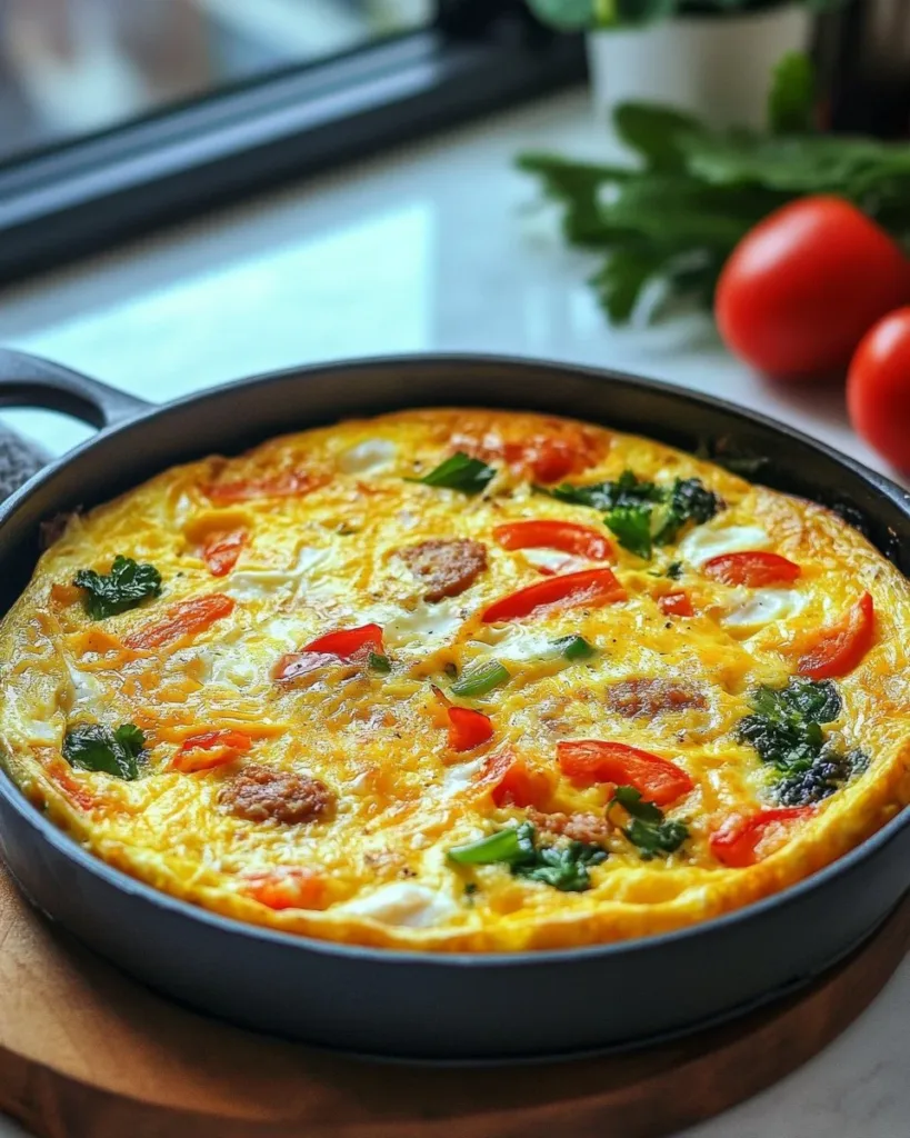 The Best Baked Sausage Frittata Delicious baked sausage frittata served on a plate with herbs