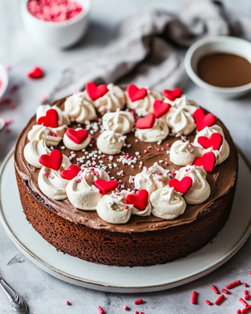 Valentine’s Day Cake Delicious Valentine's Day Cake decorated with heart shapes and roses.