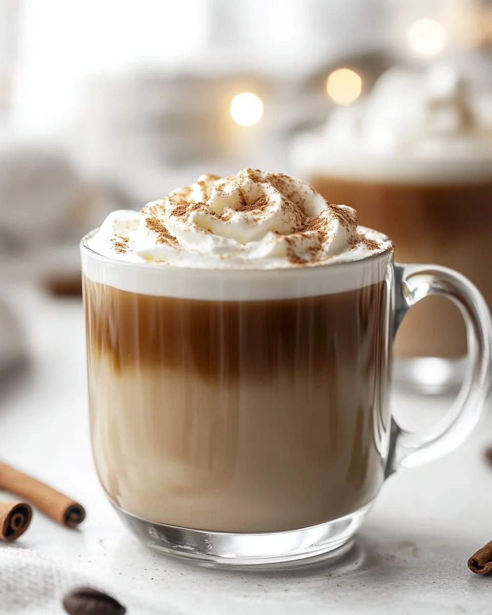 A delicious Vanilla Cinnamon Latte topped with whipped cream and cinnamon sprinkles.