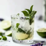 A refreshing Virgin Lavender Mojito garnished with lavender and mint leaves.