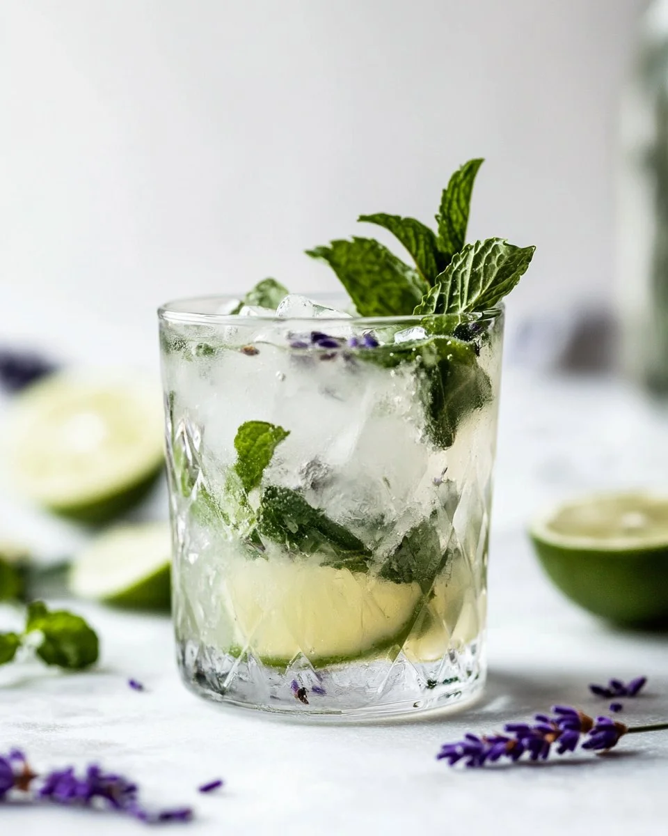 A refreshing Virgin Lavender Mojito garnished with lavender and mint leaves.