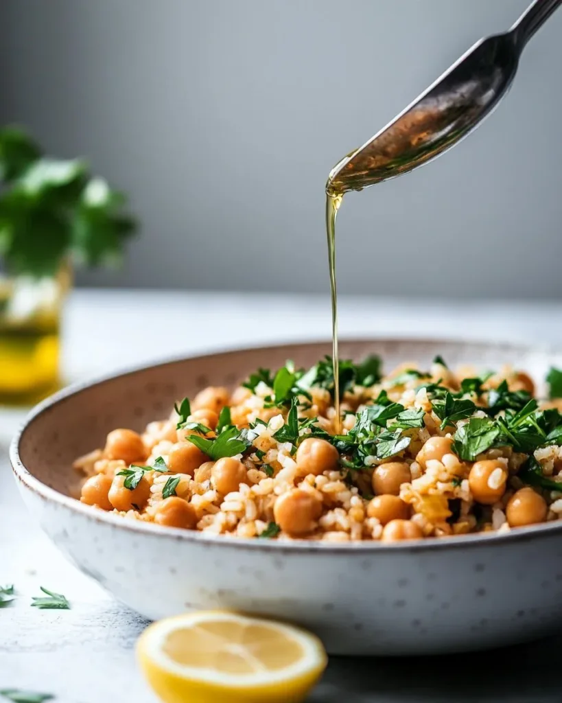 Wholesome Mediterranean Rice and Beans A vibrant plate of Mediterranean Rice and Beans garnished with herbs.