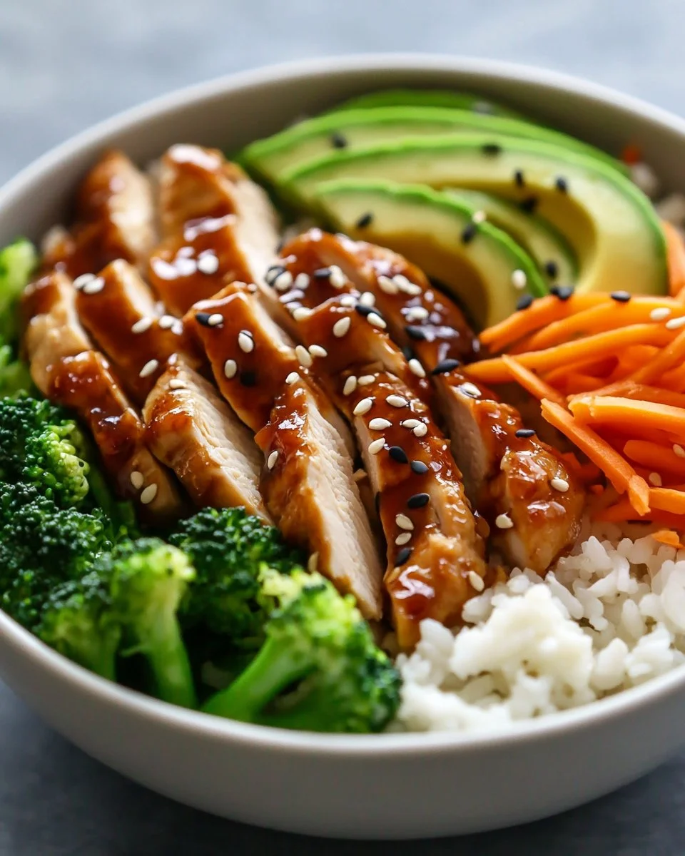 30-Minute Teriyaki Chicken Bowl ready to serve with fresh vegetables and rice.