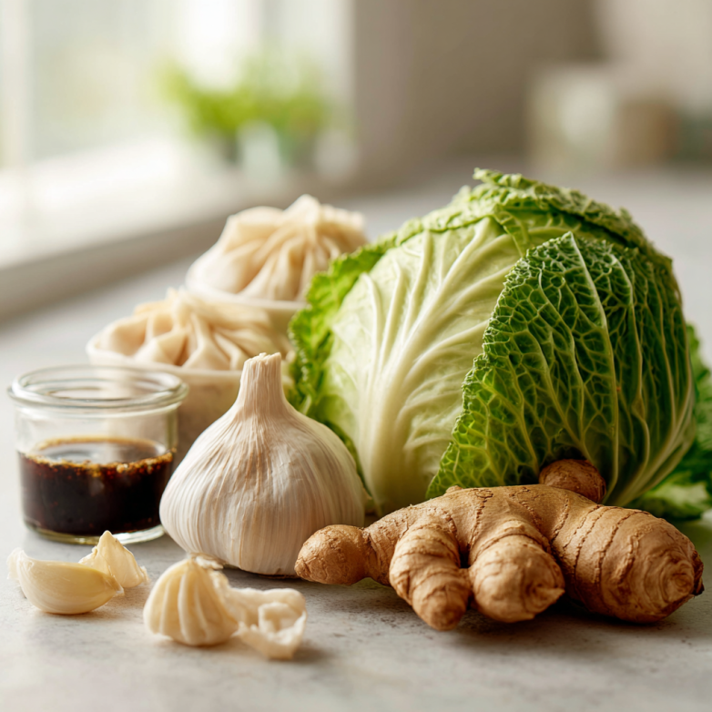 Fresh ingredients for cabbage dumplings with ginger soy
