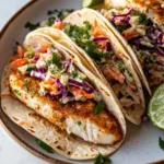Air fryer fish tacos served with cilantro lime slaw on a plate