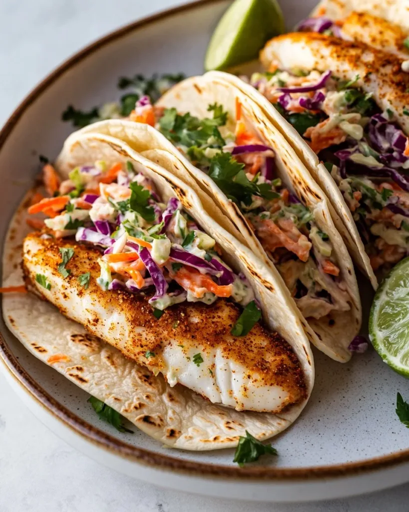 Air Fryer Fish Tacos with Cilantro Lime Slaw Air fryer fish tacos served with cilantro lime slaw on a plate