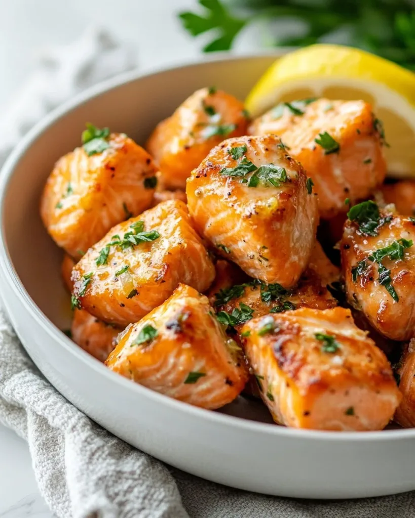 Air Fryer Salmon Bites Air fryer salmon bites served on a plate with lemon wedges