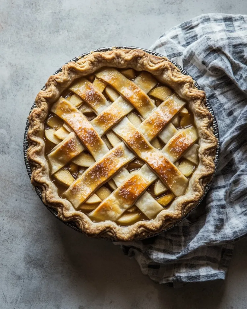 Freshly baked apple pie with golden crust and apple filling