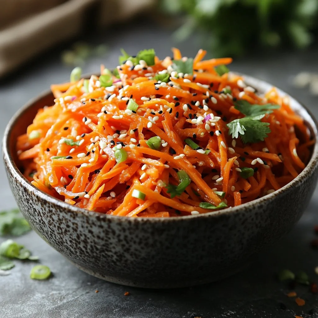 Colorful Asian Carrot Salad with fresh vegetables and sesame dressing