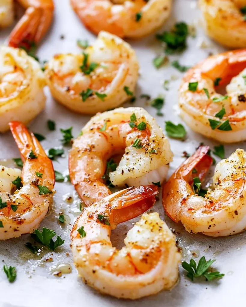 Delicious baked garlic shrimp served on a plate with garnish.