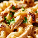 Bowl of BBQ Chicken Mac and Cheese topped with cheddar and parsley
