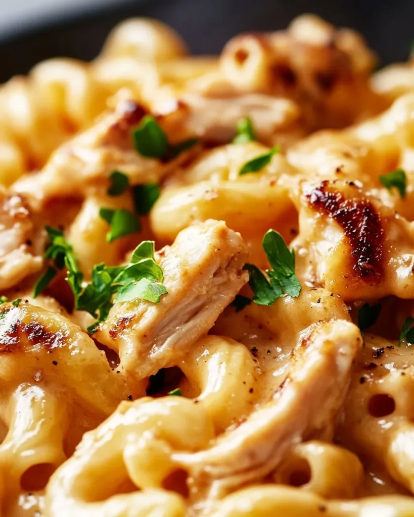 BBQ Chicken Mac and Cheese Bowl of BBQ Chicken Mac and Cheese topped with cheddar and parsley