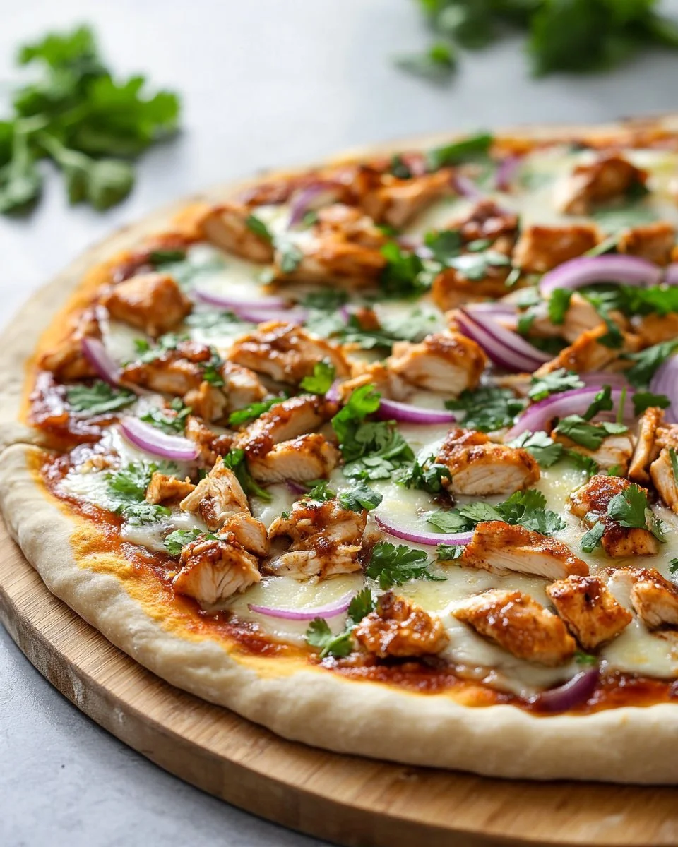 Delicious BBQ Chicken Pizza topped with BBQ sauce, grilled chicken, and cheese