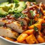 BBQ Chicken Sweet Potato Bowl with colorful ingredients and fresh toppings