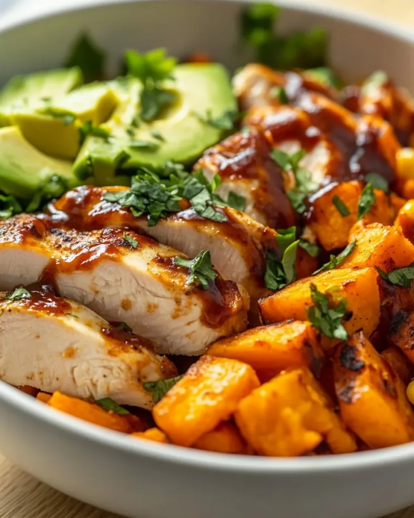 BBQ Chicken Sweet Potato Bowl with colorful ingredients and fresh toppings