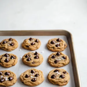 Freshly baked chewy chocolate chip cookies on a cooling rack.