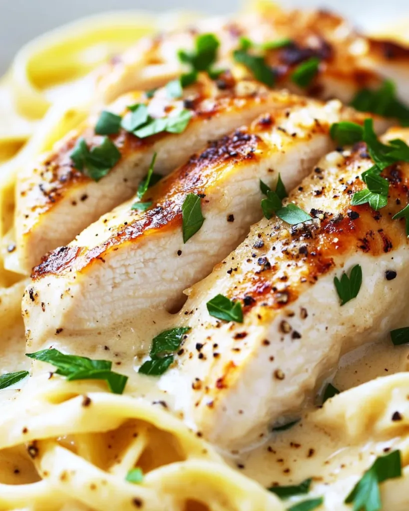 Delicious Chicken Alfredo served on a plate with fresh parsley garnish