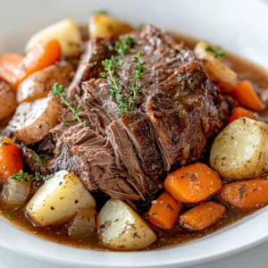 Delicious crockpot beef pot roast served with vegetables and gravy