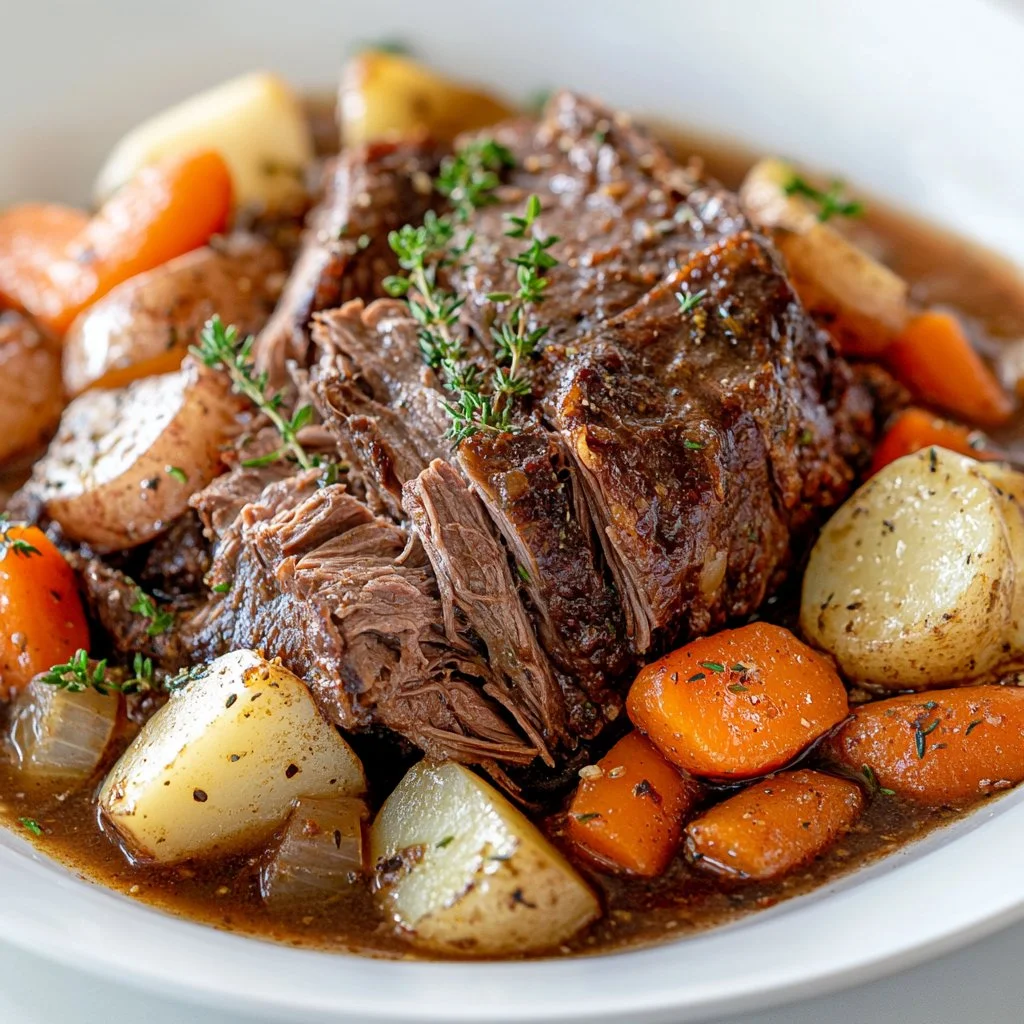 Delicious crockpot beef pot roast served with vegetables and gravy